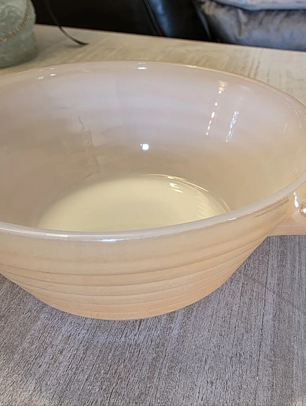 Fire King Vintage Peach Lustre Chili Bowl with Handle Beehive Ribbed Iridescent